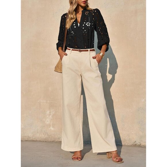 Womens Cotton Deep V Neck Eyelet Blouse 3/4 Balloon Sleeve Casual Elegant - Picture 4 of 8